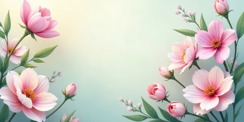 Naklejka premium Delicate Pink Cosmos Flowers Blossom on a Soft, Pastel Background, Creating a Serene and Elegant Floral Arrangement Perfect for Invitations or Greetings