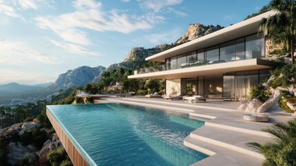 Obraz premium Luxury cliffside home with swimming pool offers expansive mountain views, background wallpaper AI generated image