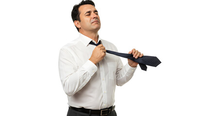 Man removing tie feeling hot and bothered business professional in white shirt formal attire stressed out on transparent background