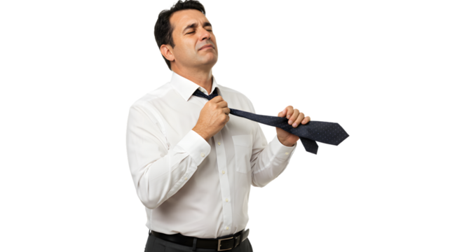 Man removing tie feeling hot and bothered business professional in white shirt formal attire stressed out on transparent background