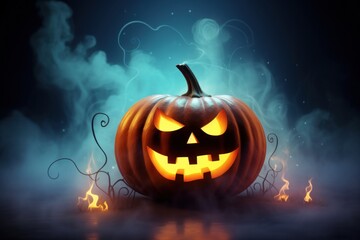 Halloween pumpkin with smoke on wooden background 3d illustration for your design. Halloween Postcard. Halloween Concept. Halloween Jack-o'-lantern Greeting Card with copy space