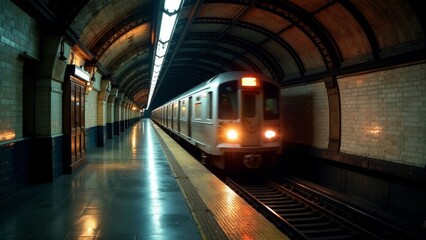 Rapid Transit System A Subway Train Arriving at an Underground Station Platform