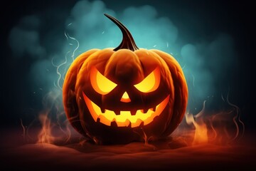 Halloween pumpkin with smoke on wooden background 3d illustration for your design. Halloween Postcard. Halloween Concept. Halloween Jack-o'-lantern Greeting Card with copy space