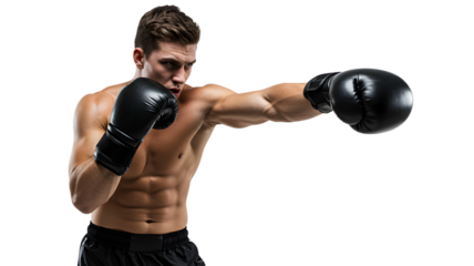 Athletic man boxing training punching bag gloves martial arts fitness workout gym exercise sport fighter on transparent background