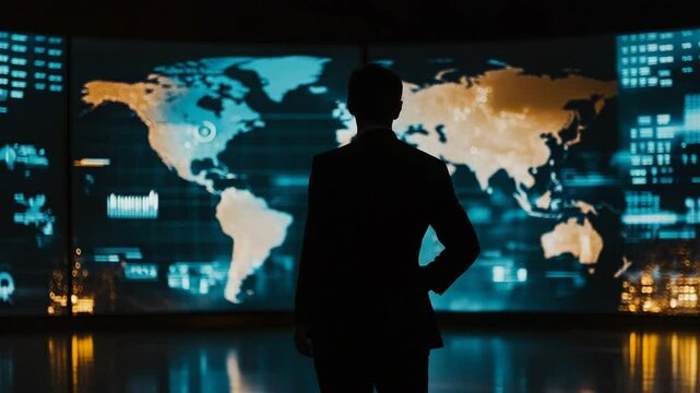 Businessman analyzing world map on digital screens in modern office space