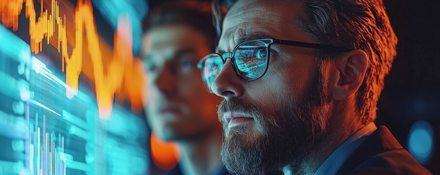 In a world of finance, two professionals gaze intensely at a screen pulsating with vibrant data streams, the reflection of complex charts dancing in their focused eyes Their faces, etched with
