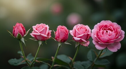 Close Up of Five Pink Roses From Bud to Full Bloom on Green Background Showcasing Delicate Petals and Vibrant Colors Perfect for Valentine's Day or Mother's Day