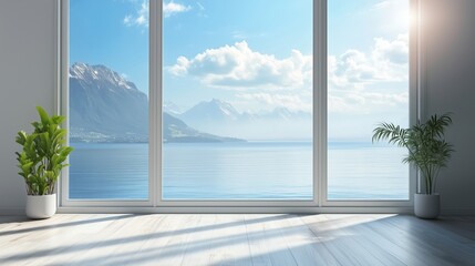 Lake and mountains view from window