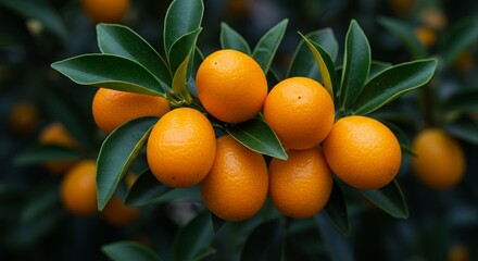Close Up of Ripe Kumquats with Vibrant Orange Peel and Green Leaves Highlighting Fruit Size and Leaf Structure in Natural Light Perfect for Decoration or Recipe Illustrations