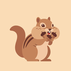 Cartoon chipmunk holding two acorns with cheeks full of food on beige background illustration 