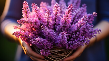 Fototapeta premium closeup wicker basket with lavender flowers, lavender field on background