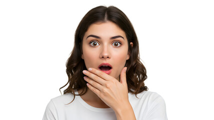 Shocked woman portrait with hand over mouth expressing surprise and disbelief looking at something amazing on transparent background