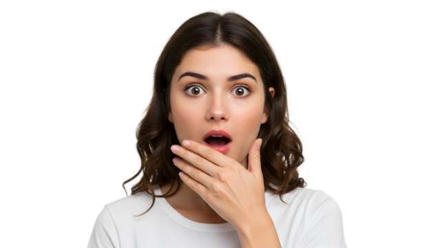 Shocked woman portrait with hand over mouth expressing surprise and disbelief looking at something amazing on transparent background