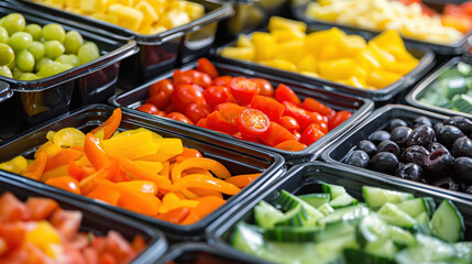 Vibrant salad bar features a colorful assortment of fresh vegetables and fruits, neatly arranged in black serving trays for self-service