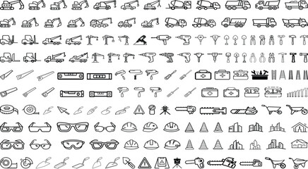 Construction Line Icons Silhouette vector illustration. Vehicles, Tools, Safety Equipment & Architecture Symbols Set