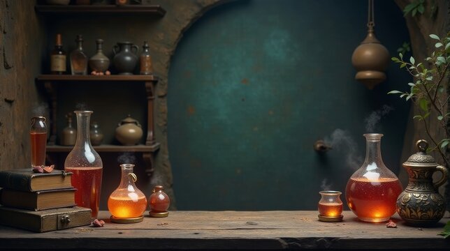 Mystical Elixirs and Ancient Remedies Steam from Glass Bottles on Rustic Wooden Tabletop