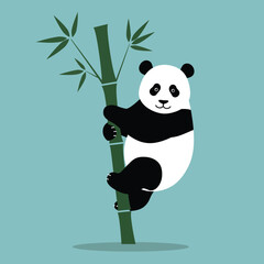 Panda climbing bamboo stalk with green leaves on teal background cute wildlife illustration 