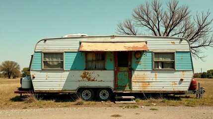 Rustic Vintage Trailer Parked in a Sunny Field Near a Leafless Tree