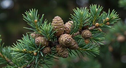 Detailed Cedar of Lebanon Branch Exhibiting Vibrant Green Needles and Clustered Brown Cones in Soft Focus with Dark Green Backdrop