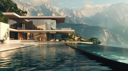 Modern large house on the edge of a cliff, with a large swimming pool, glass walls, background wallpaper AI generated image
