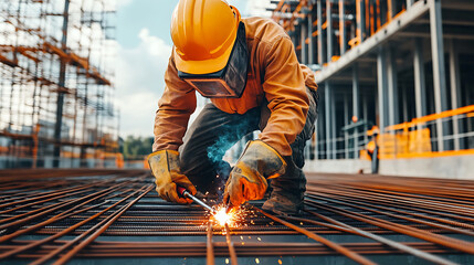 Construction Worker Welding Steel Rebar