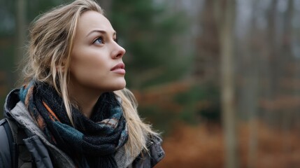 Naklejka premium Close-up of a Young Woman in an Autumn Forest Wearing a Scarf and Backpack, Thinking or Observing Nature