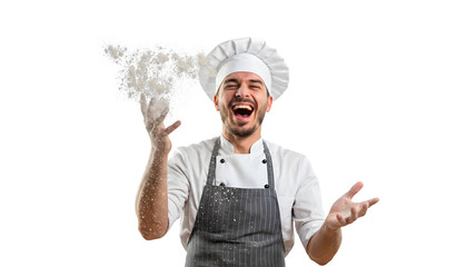 Happy chef throwing flour professional kitchen culinary expert food preparation bakery professional smiling on transparent background