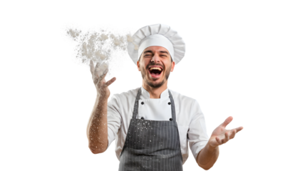 Happy chef throwing flour professional kitchen culinary expert food preparation bakery professional smiling on transparent background