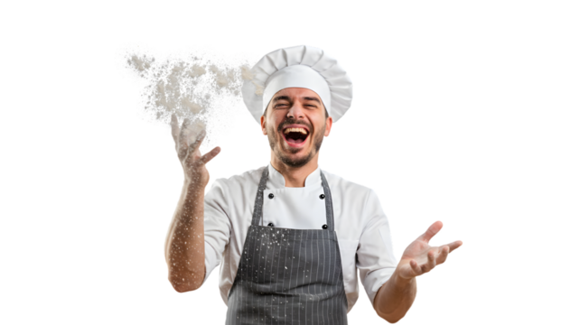 Happy chef throwing flour professional kitchen culinary expert food preparation bakery professional smiling on transparent background