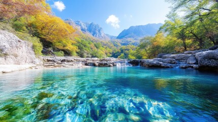 Crystal-clear mountain stream, autumn foliage, tranquil valley