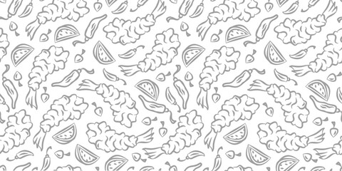 Seamless Tempura Shrimp Doodle Pattern background. Seafood Pattern Design. Fried Shrimp Seamless pattern Background. Crunchy Tempura Doodle Pattern.