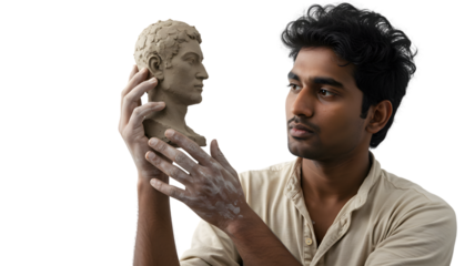 Sculptor creating clay sculpture art portrait artist molding head fine art design professional craftsman on transparent background