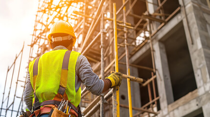 Construction Worker on Scaffolding at Sunset