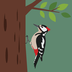 Fototapeta premium Woodpecker perched on tree trunk with green leaves in natural forest setting illustration 