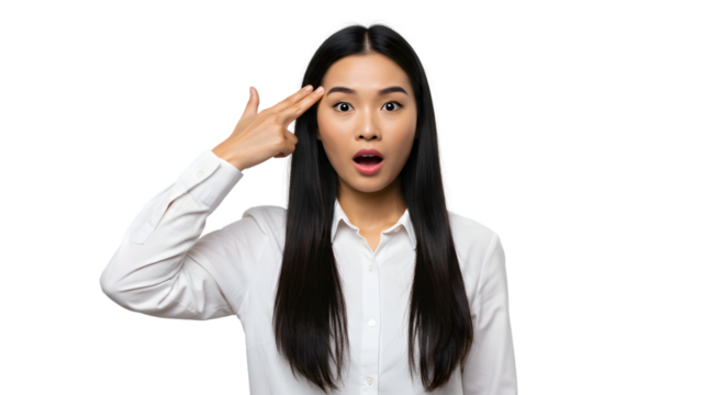 Surprised asian woman acting suicide gesture with hand near head isolated on a dark background photo on transparent background