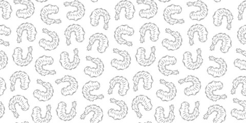 Seamless Tempura Shrimp Doodle Pattern background. Seafood Pattern Design. Fried Shrimp Seamless pattern Background. Crunchy Tempura Doodle Pattern.
