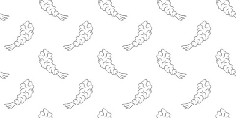 Seamless Tempura Shrimp Doodle Pattern background. Seafood Pattern Design. Fried Shrimp Seamless pattern Background. Crunchy Tempura Doodle Pattern.