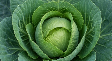 Obraz premium Detailed Close Up of Fresh Green Cabbage Head Showing Leaf Layers and Formation Perfect for Organic Produce and Healthy Eating Concepts With Vibrant Green Color and Intricate Leaf Texture
