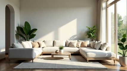Serene Minimalist Living Room Design with Ample Natural Light and Neutral Color Palette Featuring a Sectional Sofa, Plush Cushions, and Greenery