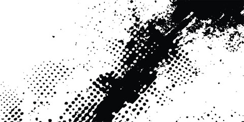 Grunge black and white distress. Dot texture background. Halftone dotted grunge texture. Grunge texture on distress back background. Glitch distorted grange shape. Dust and dots screen print texture.
