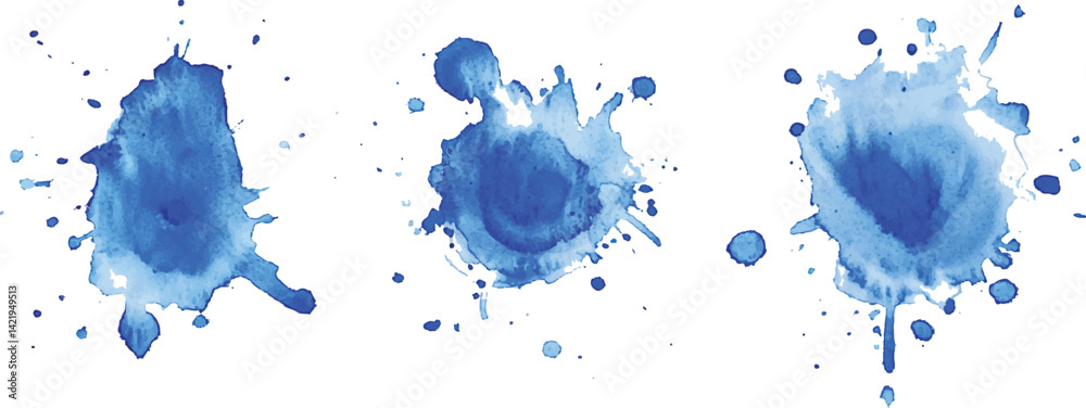 Poster 3 set of blue watercolor brush strokes isolated on a white background. vector watercolor paint splas