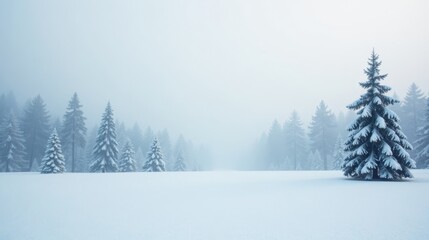 Serene Winter Landscape Snow-Covered Evergreens in a Misty Forest Meadow