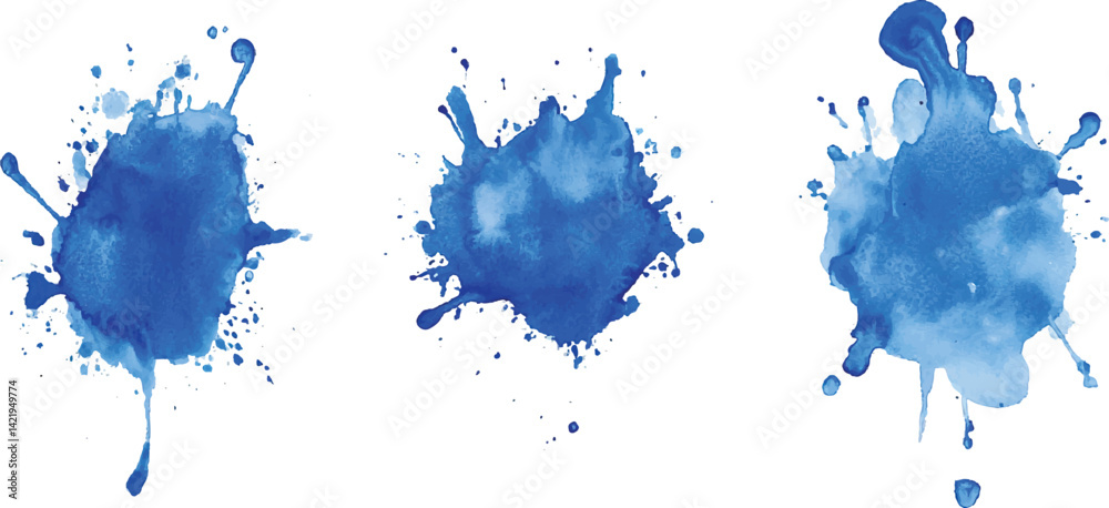 Poster 3 set of blue watercolor brush strokes isolated on a white background. vector watercolor paint splas