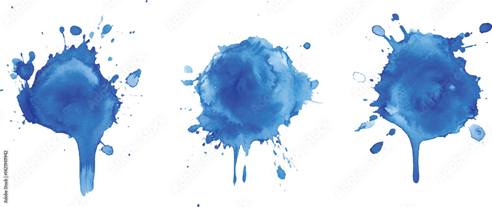 Poster 3 set of blue watercolor brush strokes isolated on a white background. vector watercolor paint splas