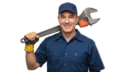 Experienced handyman plumber with wrench ready for plumbing repair and home maintenance projects today on transparent background