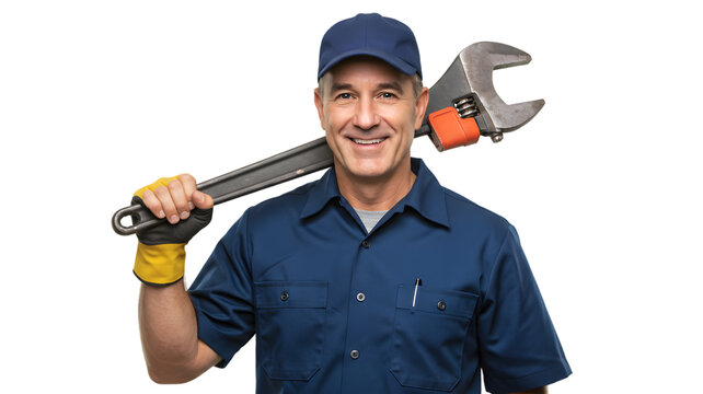 Experienced handyman plumber with wrench ready for plumbing repair and home maintenance projects today on transparent background