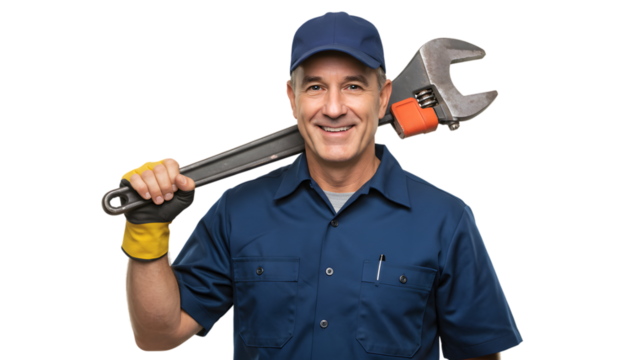Experienced handyman plumber with wrench ready for plumbing repair and home maintenance projects today on transparent background