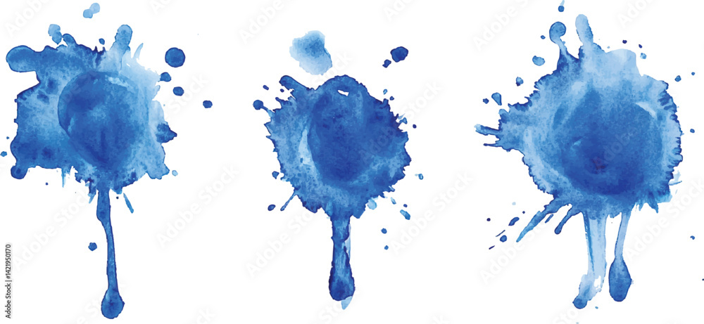 Poster 3 set of blue watercolor brush strokes isolated on a white background. vector watercolor paint splas