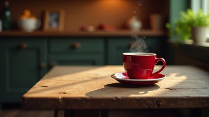 Fototapeta premium Aromatic steam rises from a vibrant red coffee cup, resting on a rustic wooden table bathed in warm sunlight, a tranquil kitchen scene