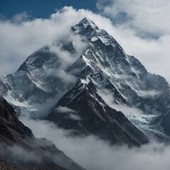 K2 shrouded in mist and mystery, where the mountain vanishes into the clouds, becoming an illusion of white, gray, and ghostly blue.
